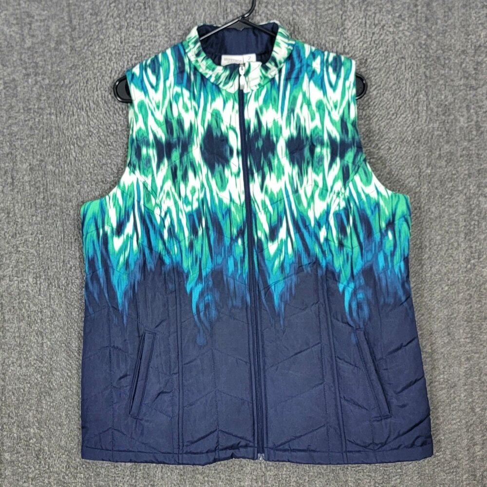 Weekends By Chicos Vest 2 Womens L / 12 Blue Green Ikat Quilted Puffer Mock Neck